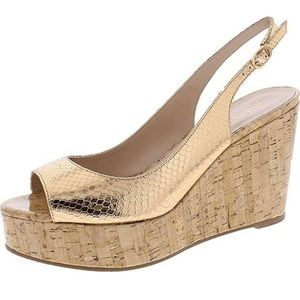 NWT Stuart Weitzman Riveria Leather Gold Cork Platform Sandal Wedge Heels Size 7